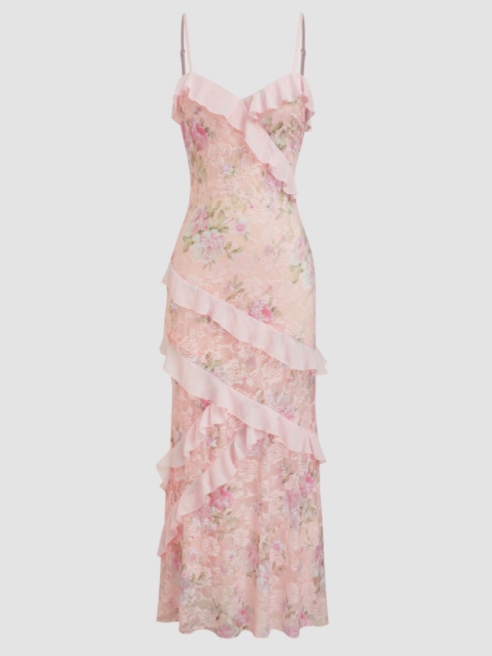 NWT PINK LACE V-NECK FLORAL RUFFLE MAXI DRESS XS